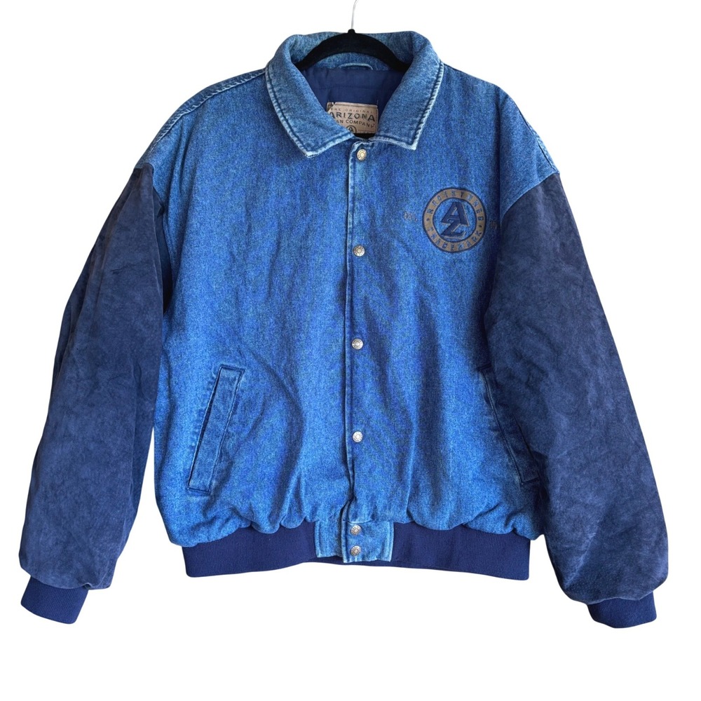 VTG Arizona Jean Company Varsity Bomber Jacket Large Blue Denim Suede Retro Y2K
